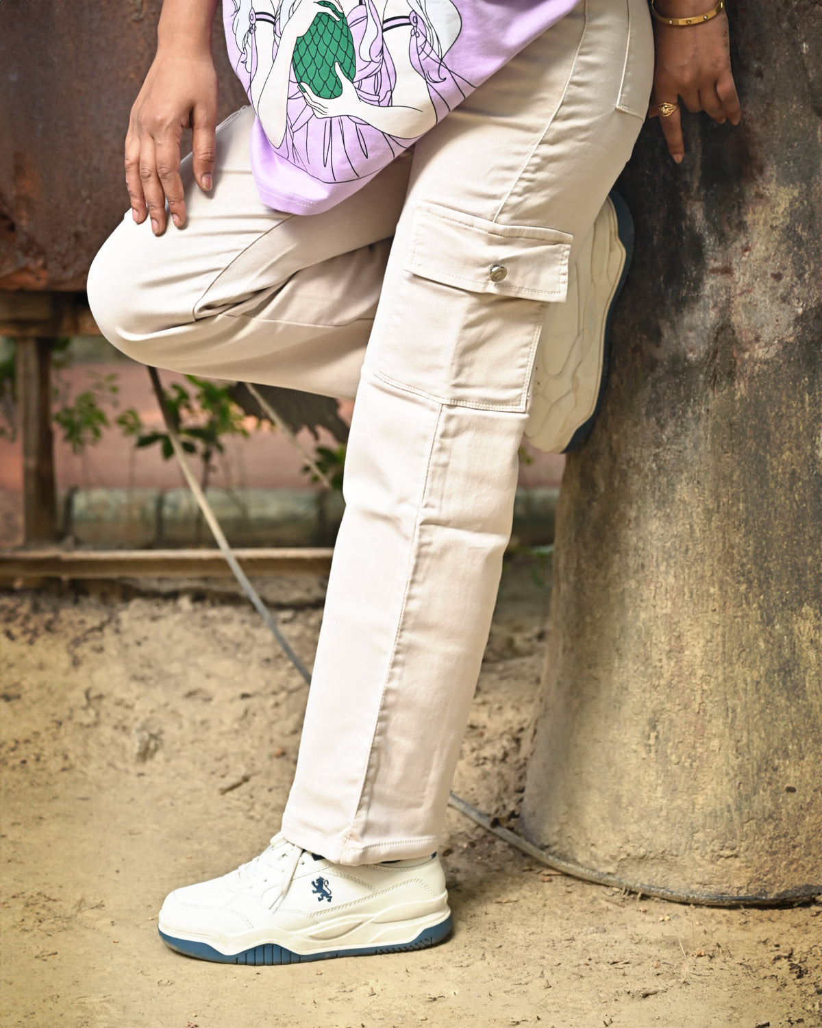 Beige Solid Cargo Trousers