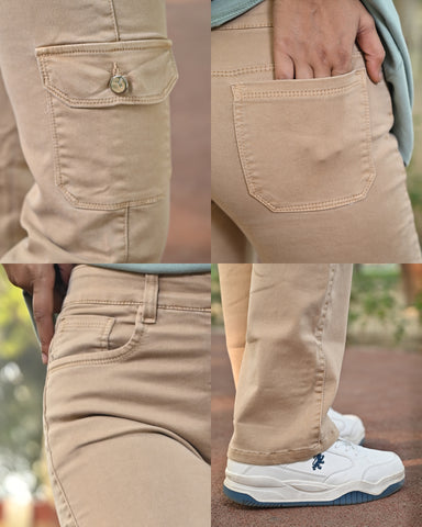 Beige Solid Cargo Jeans