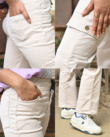 Beige Solid Cargo Trousers